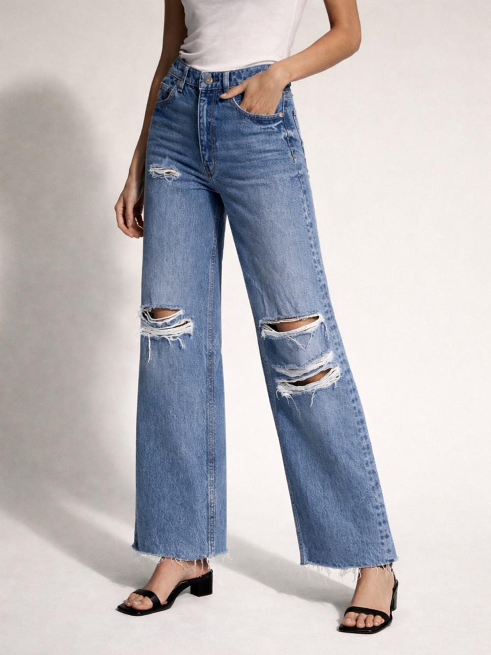 Zara Light Blue Ripped Wide-Leg Jeans